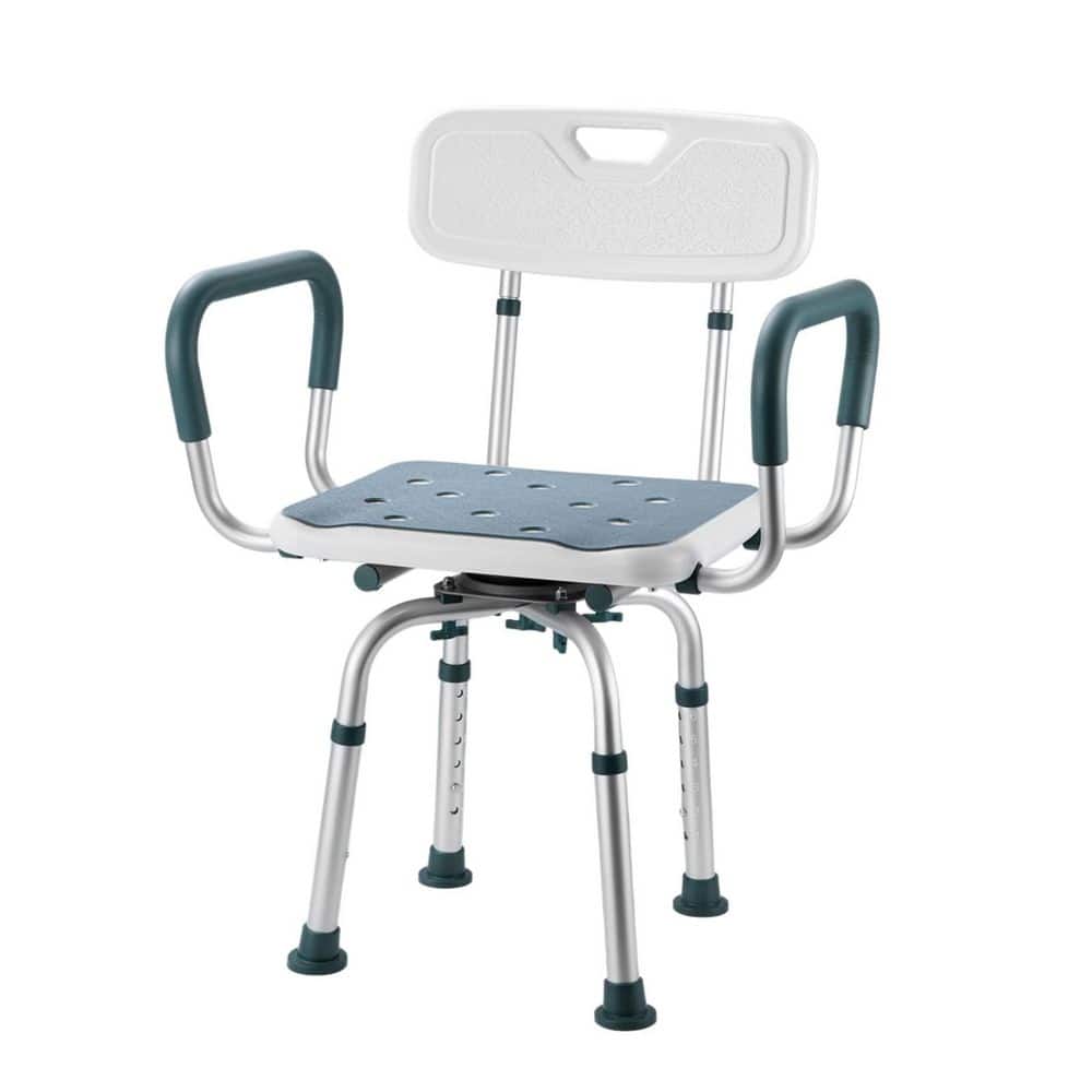 Wudkey 400 lb. Aluminum Swivel Shower Chair in White Blue with Arms, Back and Adjustable Height, Shower Seat for Elderly (1)