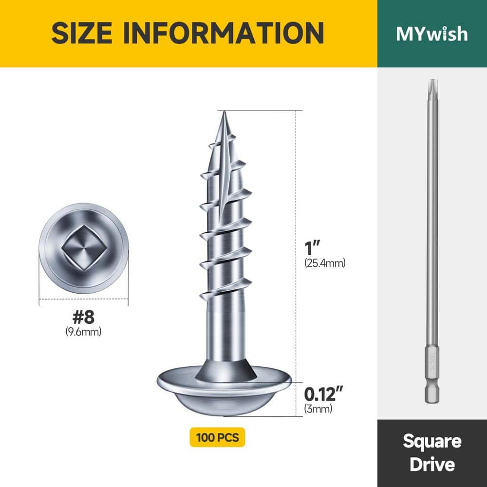 MYWISH 100-Pack #8 x 1 in. Zinc-Plated Self-Drilling Square Drive Washer Head Wood Screw (2)