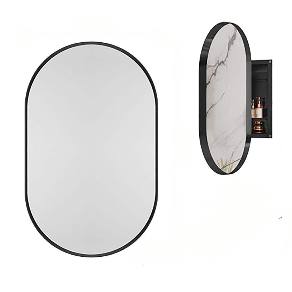 Siavonce 21 in. W x 33 in. D x 5 in. H Oval Built-In Linen Cabinet with Mirrored Doors and Adjustable Shelves, Matte Black (1)