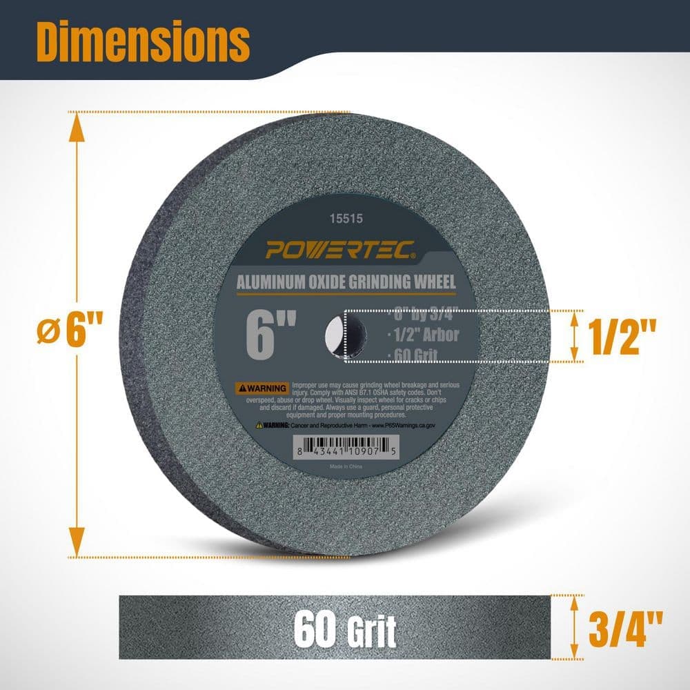‎POWERTEC 6 in. x 3/4 in. 60-Grit 1/2 in. Arbor, Aluminum Oxide Grinding Wheel for Bench Grinder (3)