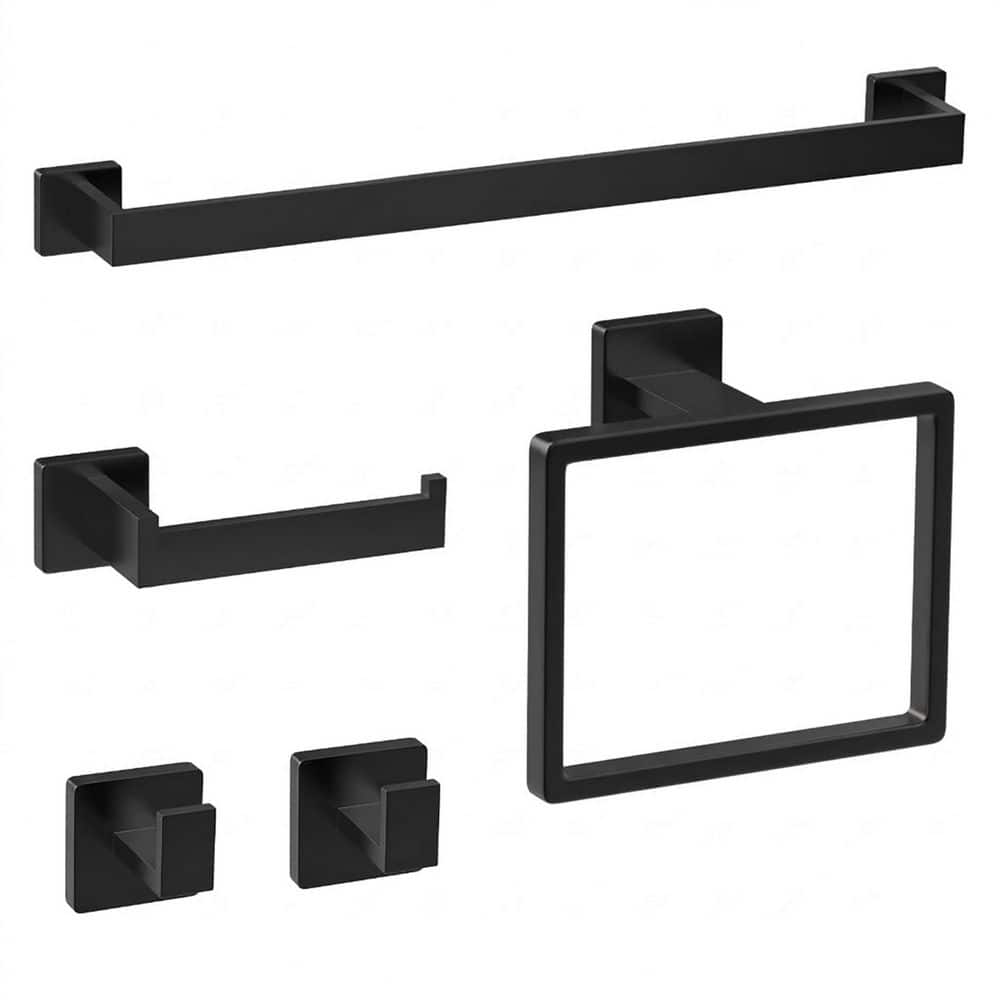Anqtovp 5 Piece Matte Black Bathroom Accessories Set with 23.6 in Towel Bar, Toilet Paper Holder, Towel Ring, 2 Hooks (1)