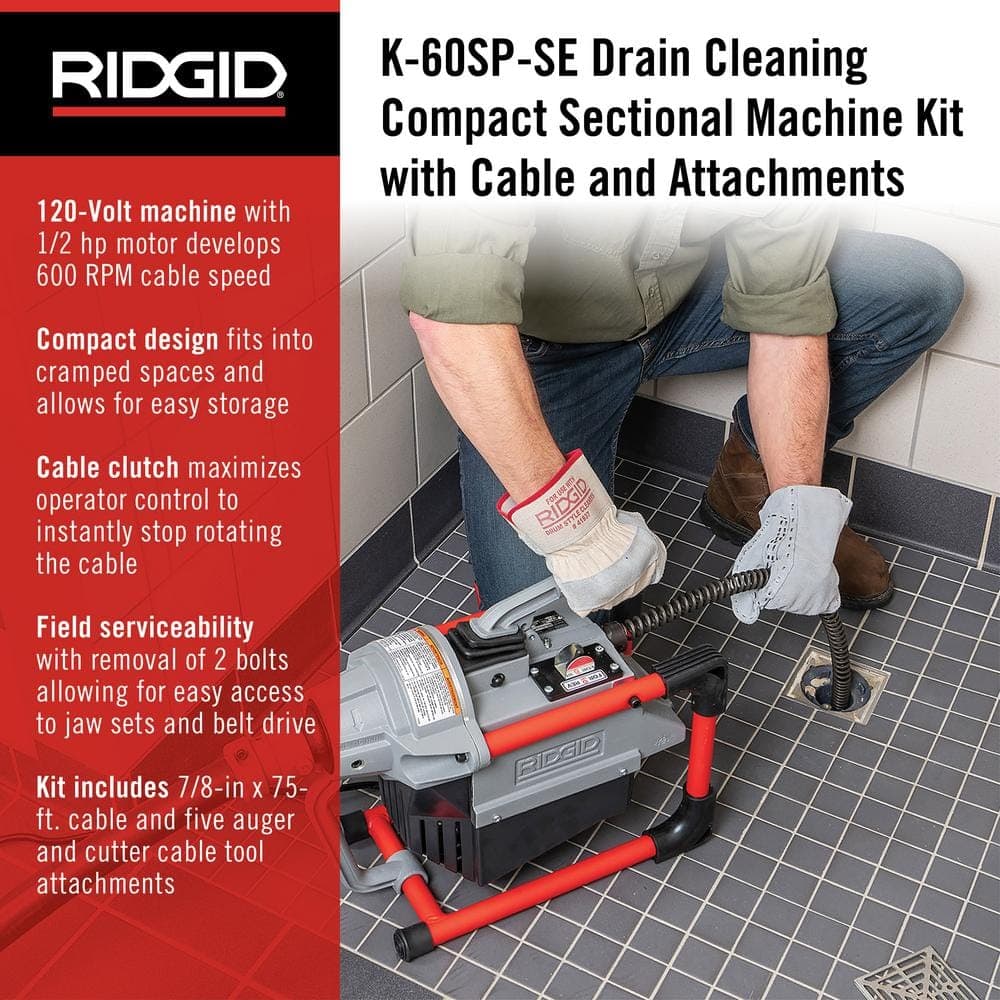 RIDGID K-60SP-SE Compact Sectional Drain Cleaning Snake Auger Sewer Machine + Tool Kit and Cable Kit (2)