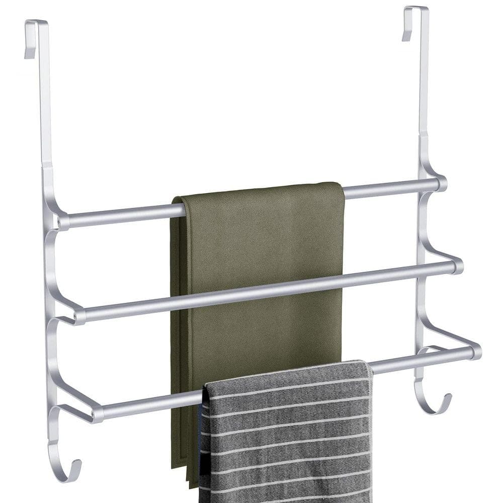 Wudkey 24.2 in. L 3-Bar Over The Door Towel Rack in Silver Gray, Triple Towel Storage Holder with Hooks for Bathroom (2)