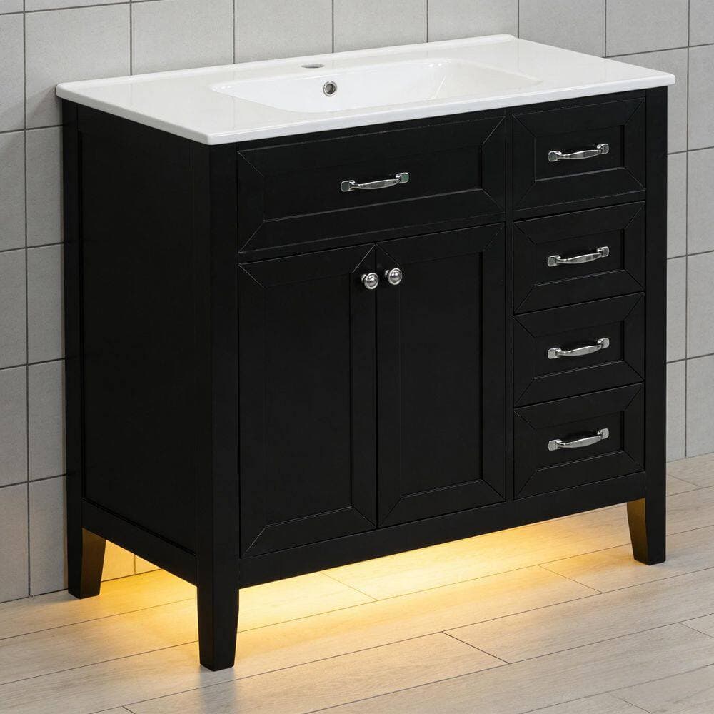 Lycvki 35.50 in. W x 17.70 in. D x 35.00 in. H Bath Vanity Cabinet without Top with 5-Drawers and Adjustable Shelf in Black (2)