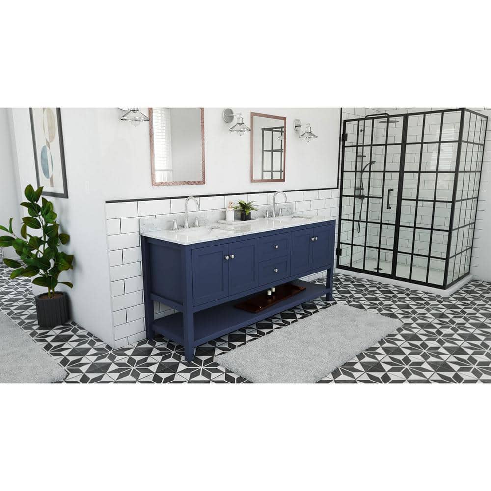 DreamLine Continuum 72 in. W x 22 in. D x 34 in . H Modern Console Vanity with Rectangular Undermount Sinks inNavy with White Top (3)