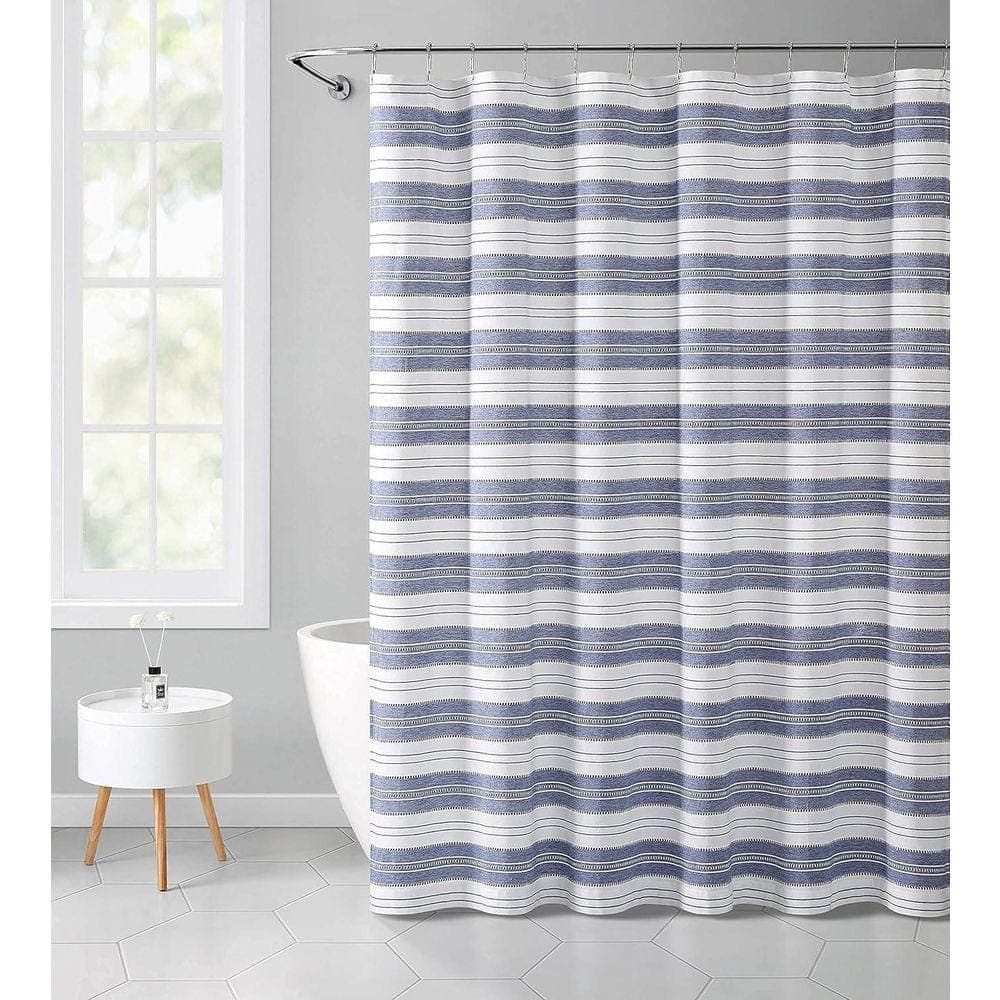 Unbranded Nautical Striped Blue and White Shower Curtain 72 x 72 Chambray Cotton Luxury Hotel Quality Denim Navy (2)