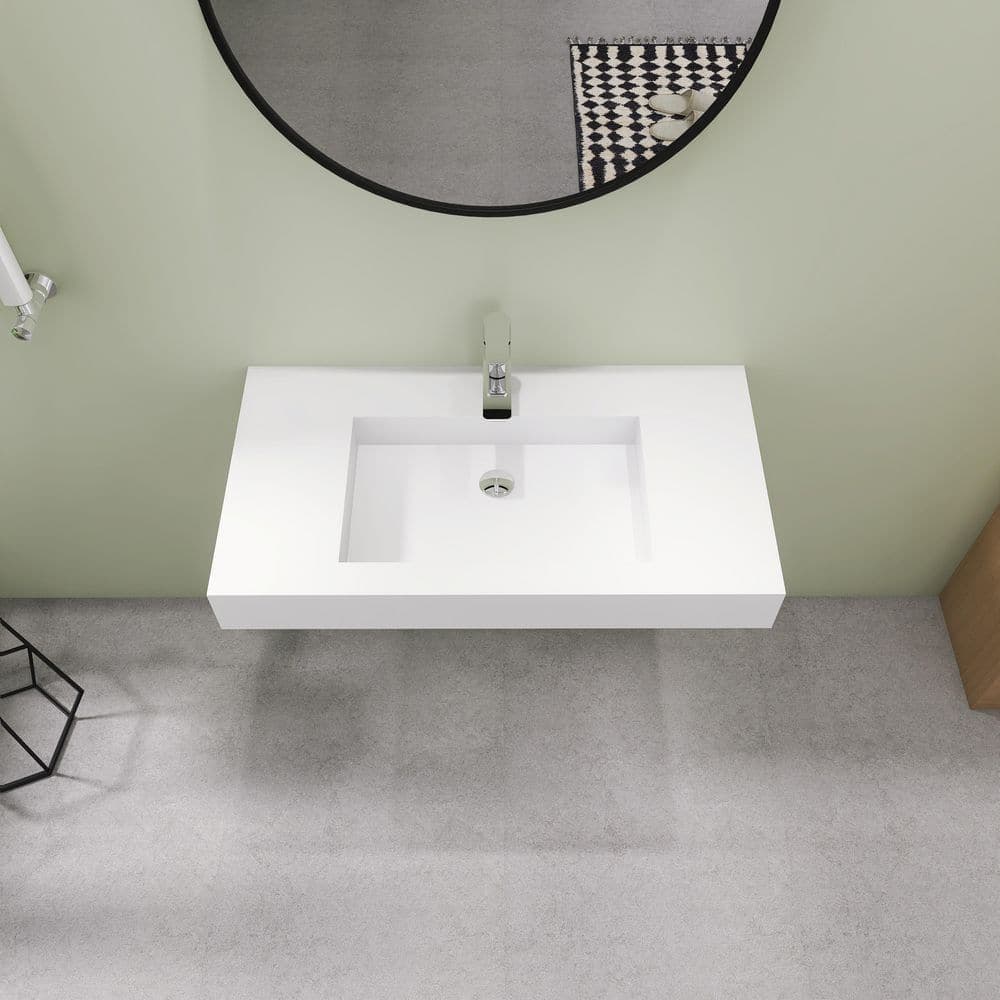 SJ STAR&JANE 35 in. Wall Mount Rectangle Vessel Sink with Faucet Hole, Solid Surface Bathroom Vessel Sink (3)