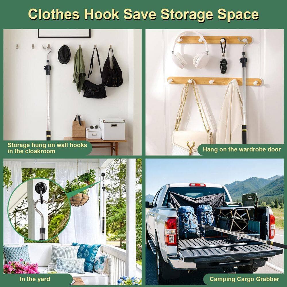 Misopily 36 in. to 65 in. Telescoping Clothes Hook Pole Heavy Duty Closet Hanger S Hook Stainless Steel Lightweight (2)