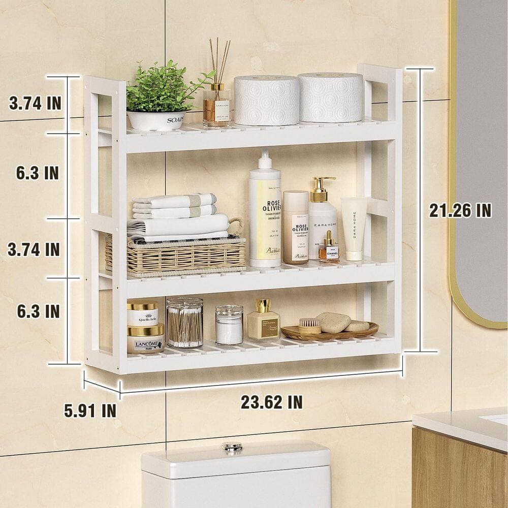 Wudkey 23.62 in. W x 21.26 in. H x 5.91 in. D Bamboo Rectangular Shelf in White Wall Mount Storage Rack for Bathroom Kitchen (2)