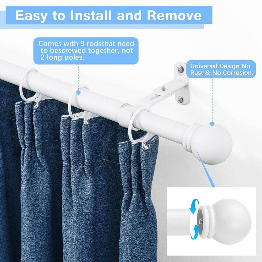 Wudkey 144 in. Adjustable Sturdy Metal Curtain Rods in White for Windows Bath Shower, Drapery Rods with Round Finials (2)