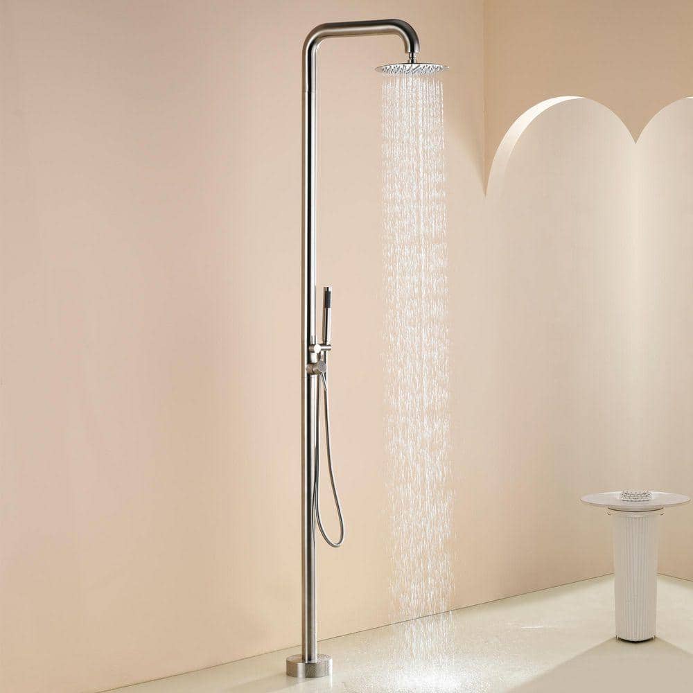 Tomfaucet 2-Handle 2-Spray Outdoor Freestanding Shower Faucet Kit 1.8 GPM Floor Mount Shower Kit w/ Hand Shower in Nickel (3)