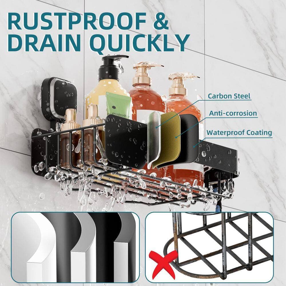 Anqtovp Wall Mounted Suction Cup Removable Rustproof Stainless Steel Shower Caddy in Black, 2 Pack, Large Capacity (2)