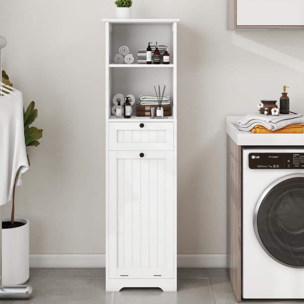 Tileon 16 in. W x 14 in. D x 55 in. H White Freestanding Linen Cabinet with 1 Drawer Open Shelves and Removable Cloth Bag (2)