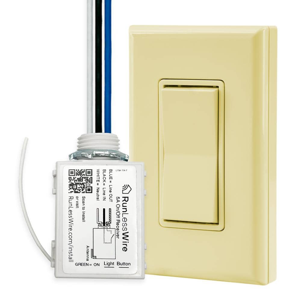 RunLessWire Battery-Free Wireless Light Switch Kit, Single Pole: 1 Remote Switch Controls 1 On/Off 5amp Receiver - Ivory (1)