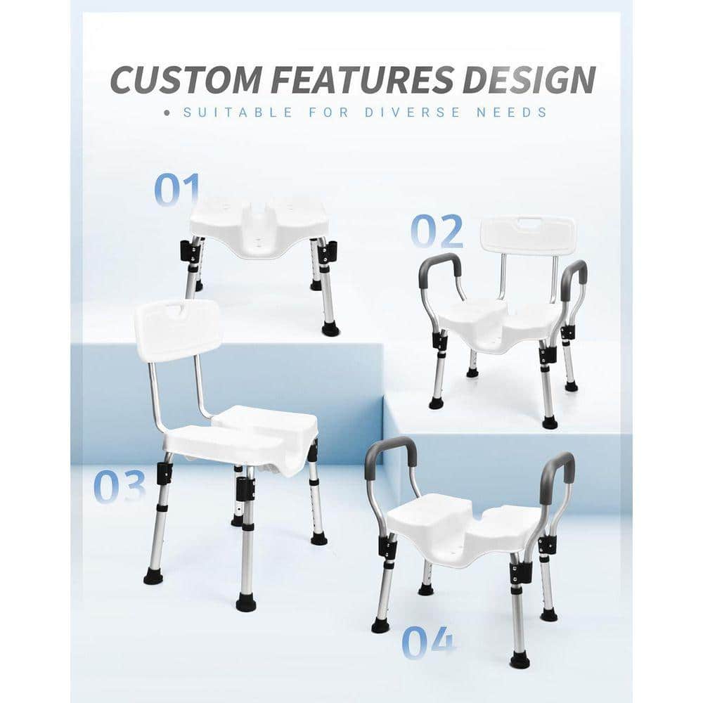 JFVKAF 20 in. Freestanding Portable Shower Chair with Backrest and Padded Armrests for Elderly/Disabled-Comfortable in White (2)