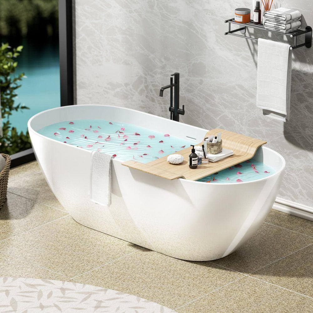 NTQ 59 in. x 29.5 in. Solid Surface Soaking Bathtub Center Drain Flat Bottom Free Standing Artificial Stone Tub in White (2)
