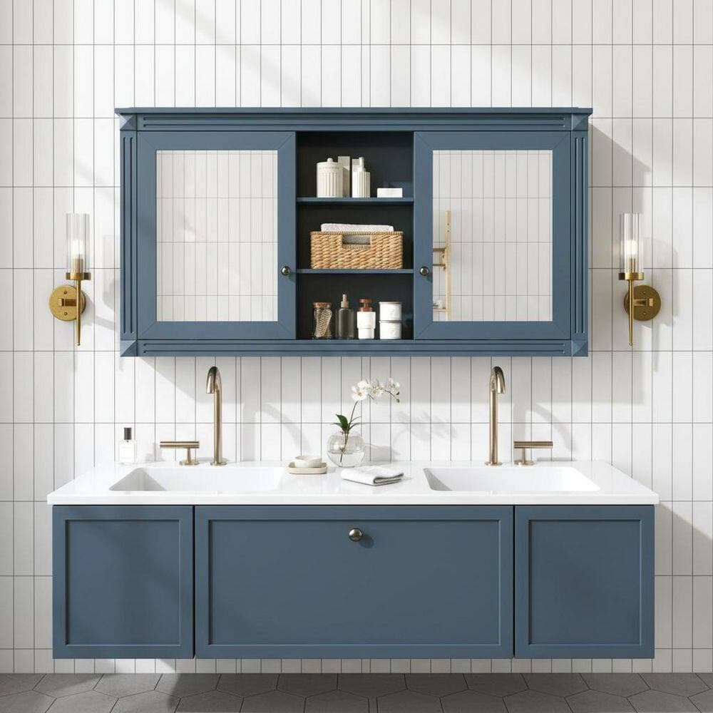 Unbranded 55 in. W x 28.70 in. H Blue Rectangular Wood Wall-Mount 2-in-1 Medicine Cabinet with Mirror with Adjustable Shelves (2)