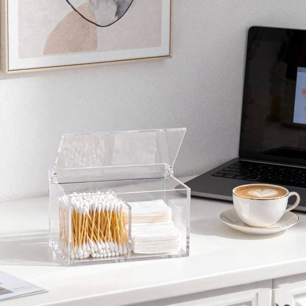 KHKFY Clear Acrylic 2-Compartment Cotton Swab and Pad Organizer with Dustproof Lid for Vanity and Bathroom (3)