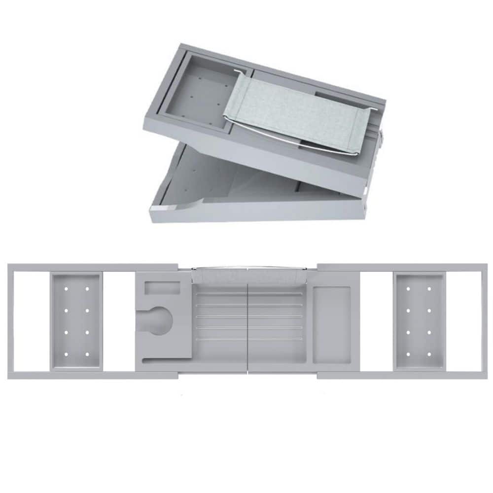 Wudkey 28.5 in. to 39.8 in. Expandable Bamboo Bathtub Tray, Foldable Bathroom Tray with Book and Wine Glass Holder in Gray (1)