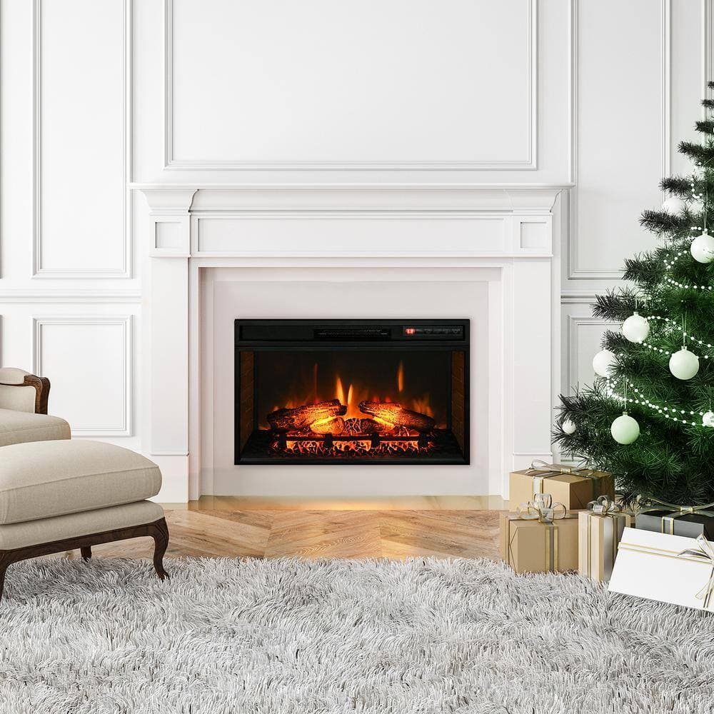 Ahfiwaso 27.25 in. x 17.75 in. Electric Fireplace Insert, Retro Recessed Fireplace Heater with Realistic Log Flame, Remote, Black (2)