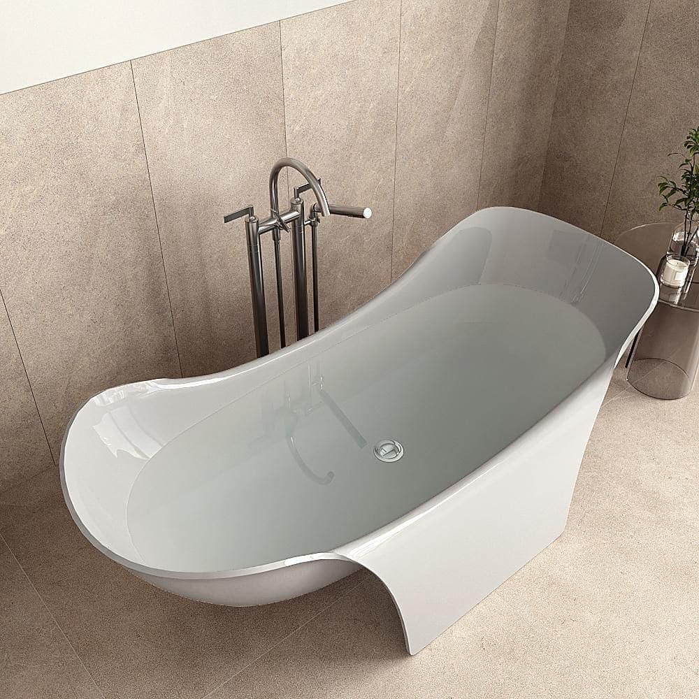 Streamline 67 in. x 32 in. NS7120CH Stone Resin Freestanding Soaking Bathtub in Matte White with Polished Chrome Drain Bamboo Tray (3)