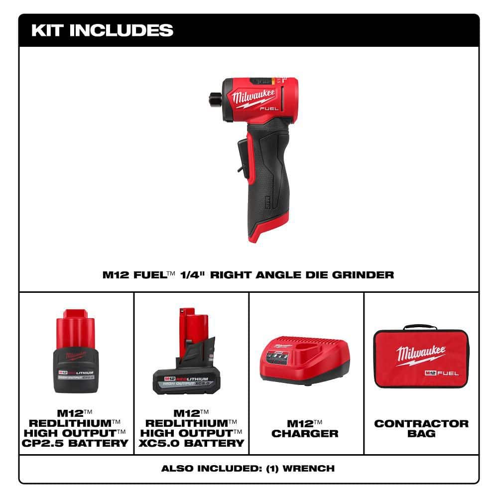 Milwaukee M12 FUEL 12V Lithium-Ion Brushless Cordless 1/4 in. Right Angle Die Grinder Kit w/ 5.0 Ah & 2.5 Ah Batteries (2)