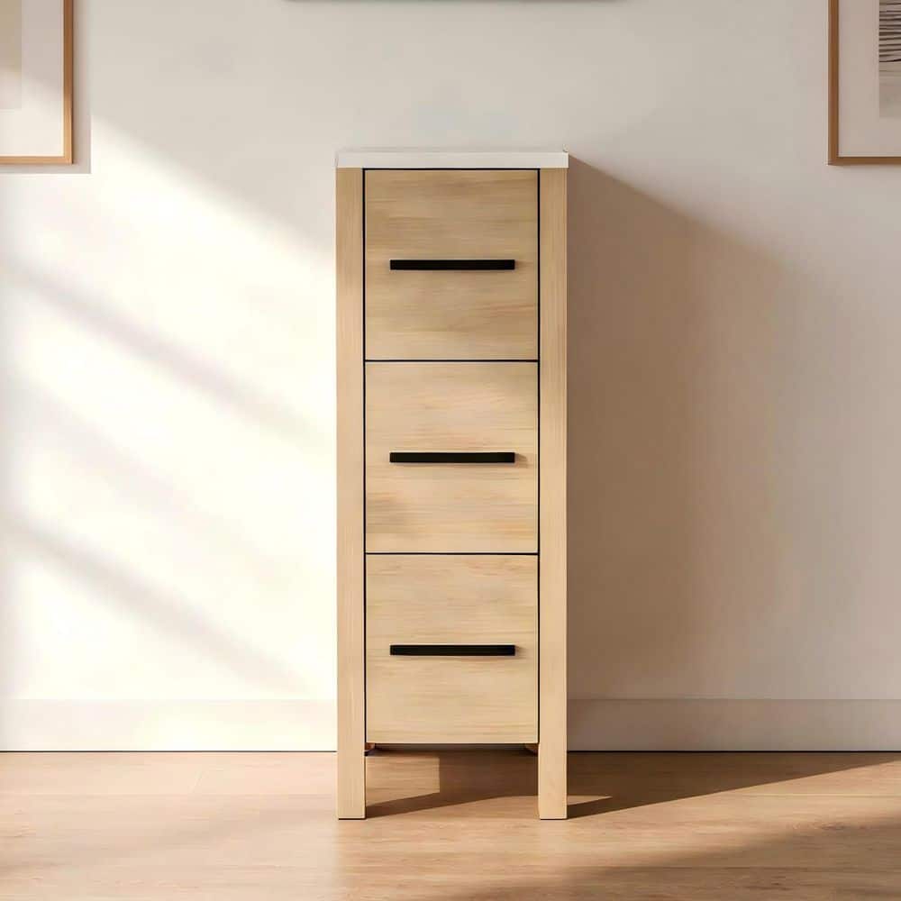 ANGELES HOME 12 in. W x 22 in. D x 32 in. H Brown Linen Cabinet with Wood Grain Finish, Soft-close Drawers, Granite Countertop in Oak