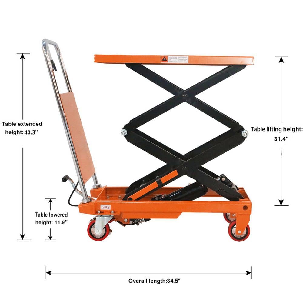 TORY CARRIER Orange 330 lbs. Max Load Capacity Double Scissor Lift Table with 43.3 in. Max Lift 27.6 x 17.7 x 1.4 in. Platform (2)