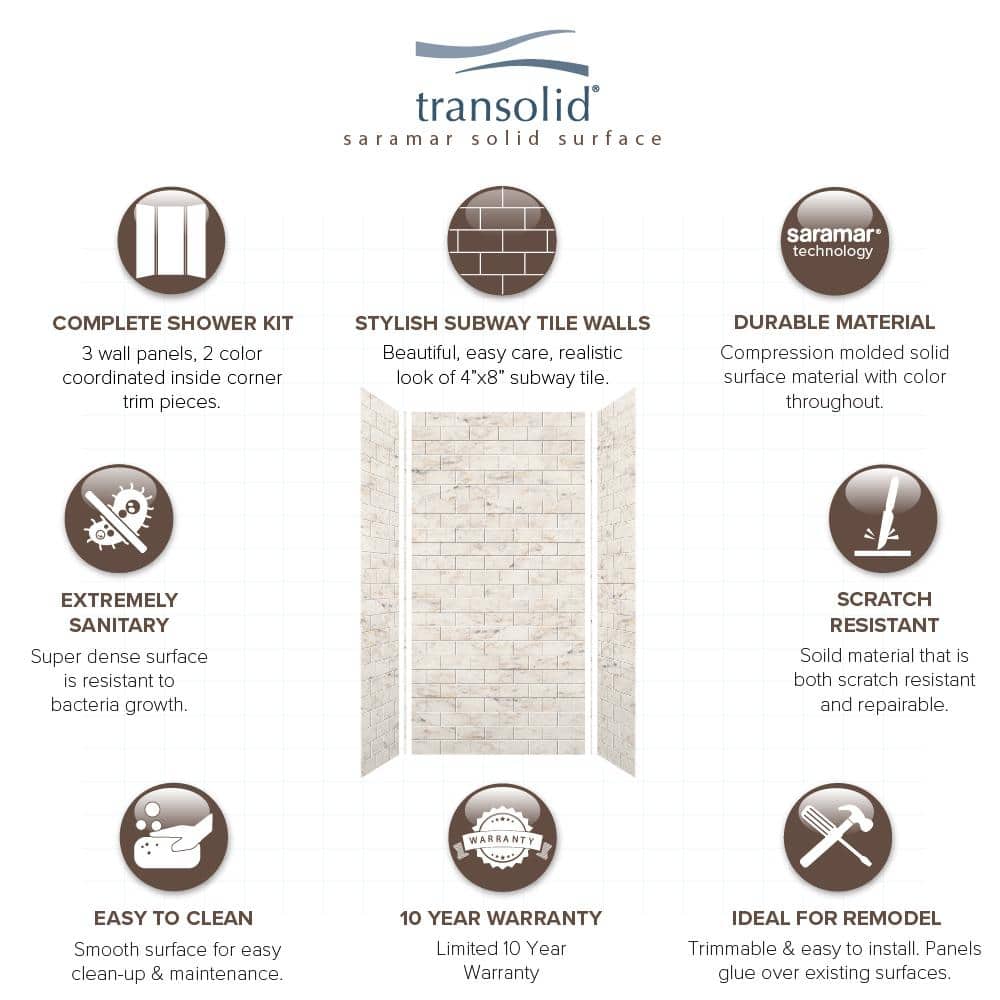 Transolid SaraMar 36 in. x 48 in. x 96 in. 3-Piece Easy Up Adhesive Alcove Shower Wall Surround in Biscotti Marble (3)