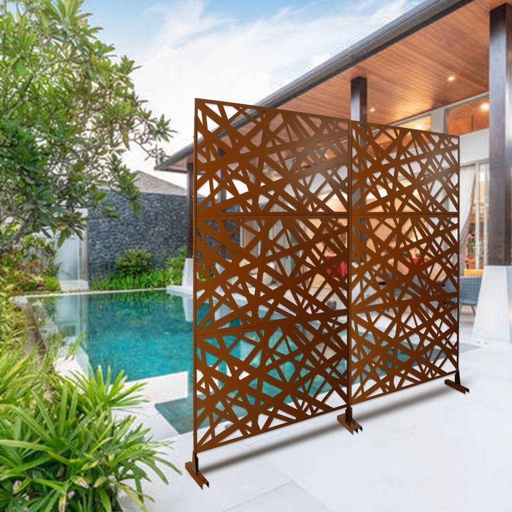 Unbranded Outdoor and Indoor 6.3 ft. x 4 ft. Freestanding Decorative Privacy Fence Screen Brown Metal for Garden Fence (2)