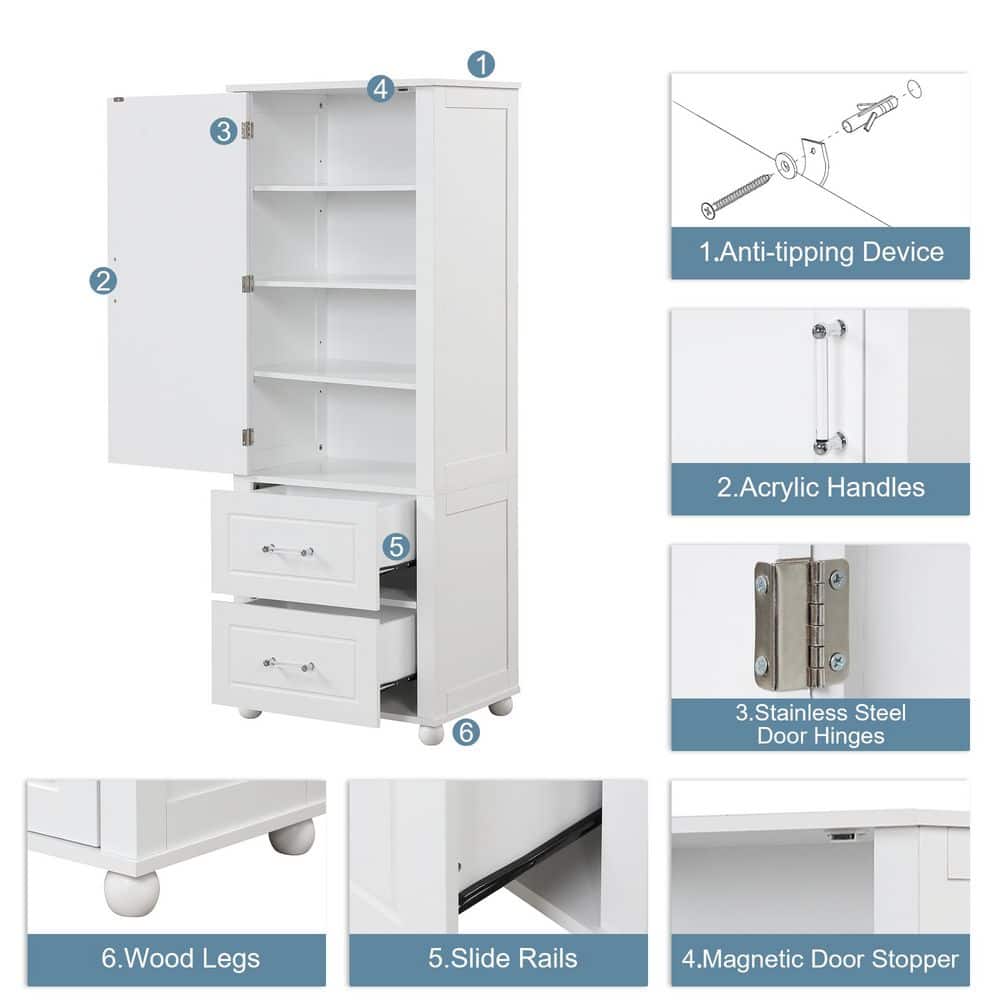 Cesicia 23 in. W 15.9 in. D 61.4 in. H Wood Tall Bathroom Storage Linen Cabinet with 2 Drawers and Adjustable Shelf (4)