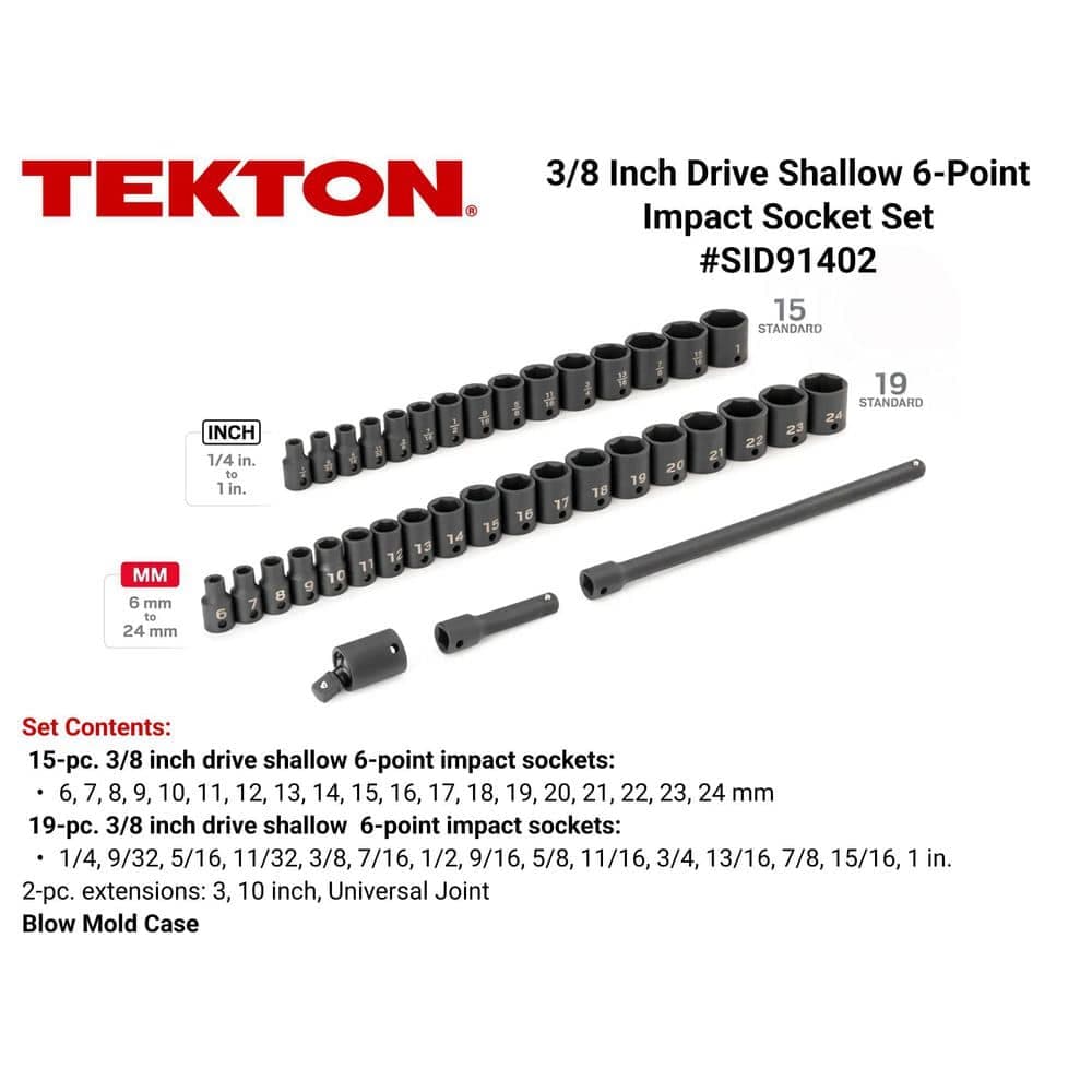 TEKTON 3/8 in. Drive 6-Point Impact Socket Set, 37-Piece (1/4 in. - 1 in., 6 mm - 24 mm) (2)