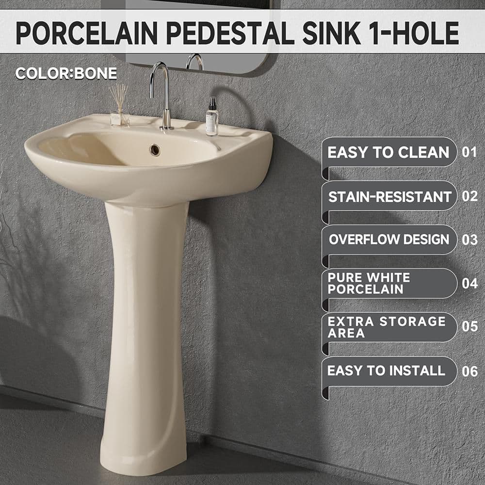 Unbranded 20 in. W Bathroom Pedestal Sink Novelty U-Shape Ceramic Pedestal Sink in Bone with Overflow 1 Predrilled Faucet Hole (2)