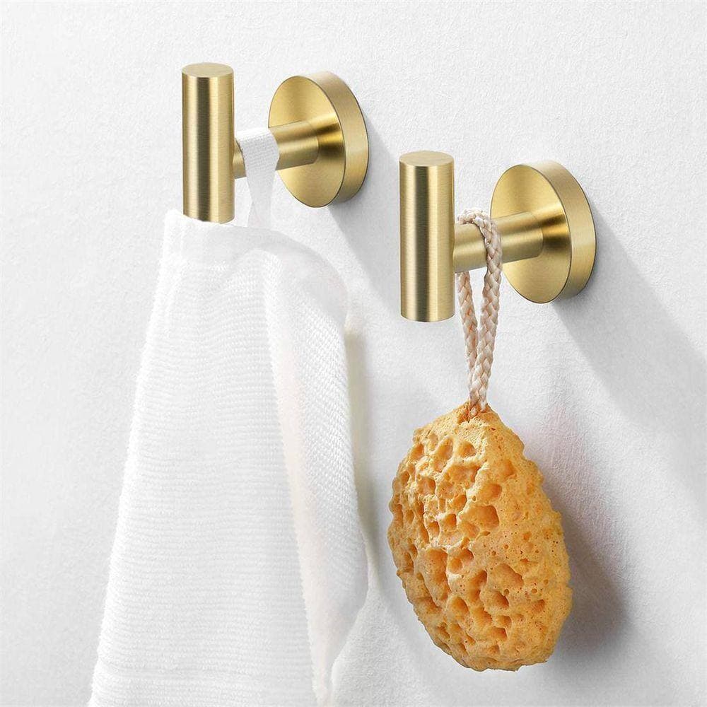 Dracelo Brushed Brass Wall Mount Round Stainless Steel Bathroom Towel Hook J-Hook (2-Pack) (2)