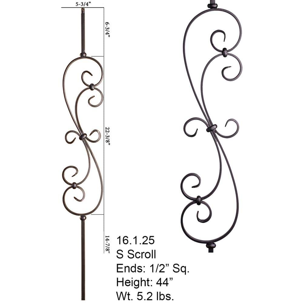 HOUSE OF FORGINGS Scrolls 44 in. x 0.5 in. Satin Black Large Spiral Scroll Solid Wrought Iron Baluster (2)