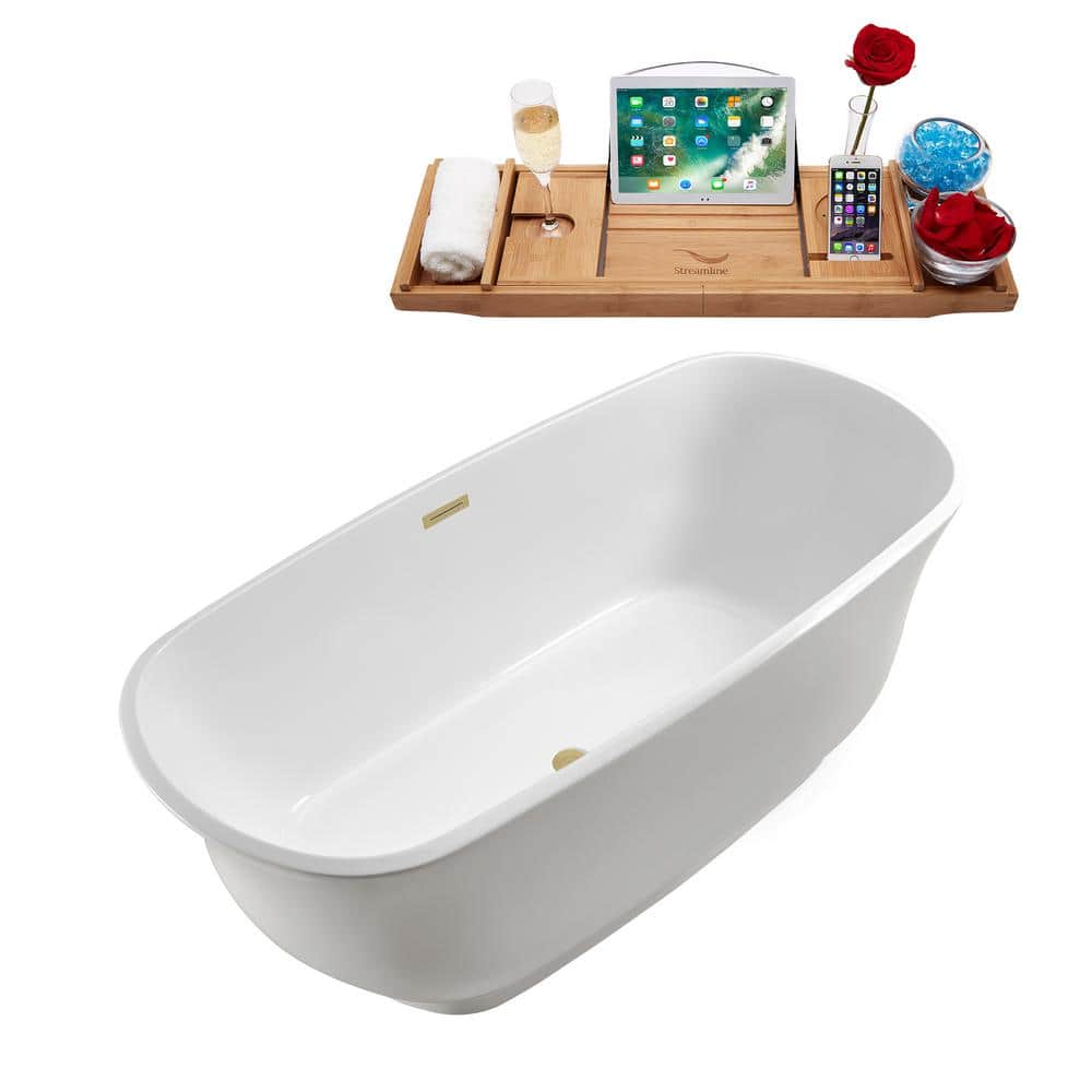 Streamline 67 in. 31 in. Acrylic Freestanding Soaking Bathtub Glossy White with Brushed Brass Drain (3)