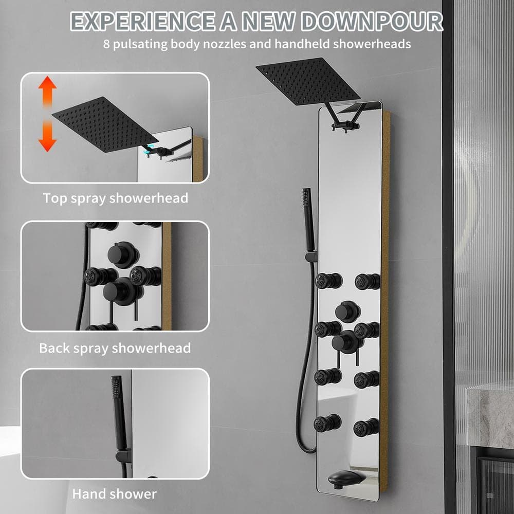 BWE 8-Jet Multi-function Mirror Shower Panel System with Adjustable Rainfall Shower Head Handheld Shower Head in Black Gold (2)