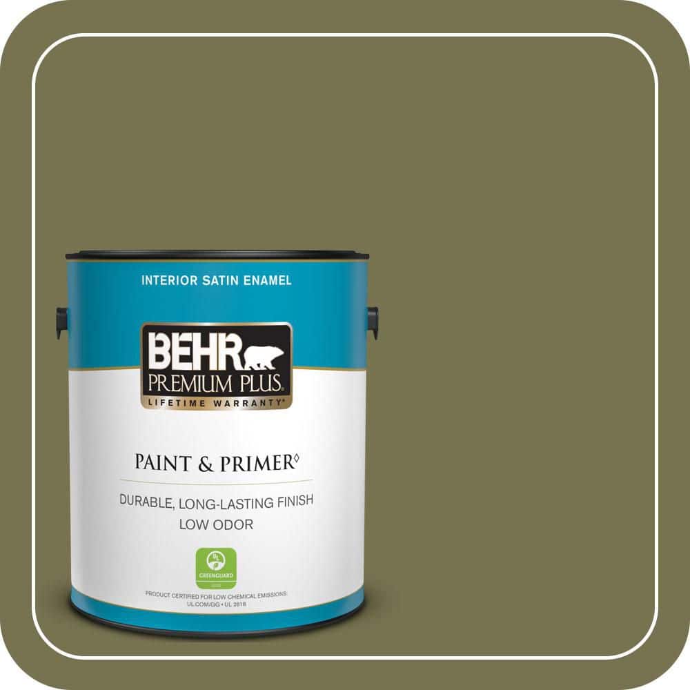 BEHR PREMIUM PLUS 1 gal. #S350-6 Truly Olive Satin Enamel Low Odor Interior Paint & Primer