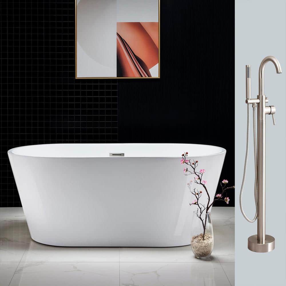 WOODBRIDGE Pamplona 59 in. Acrylic FlatBottom Double Ended Bathtub in White with Tub Filler and Brushed Nickel Overflow and Drain (1)