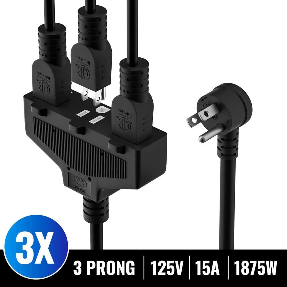 Unbranded 30 ft. 14/3 SJTW 3-Conductor 15 Amp 125V 1875W Indoor Outdoor Extension Cord with Tri-Tap 3 Outlets Black (2)