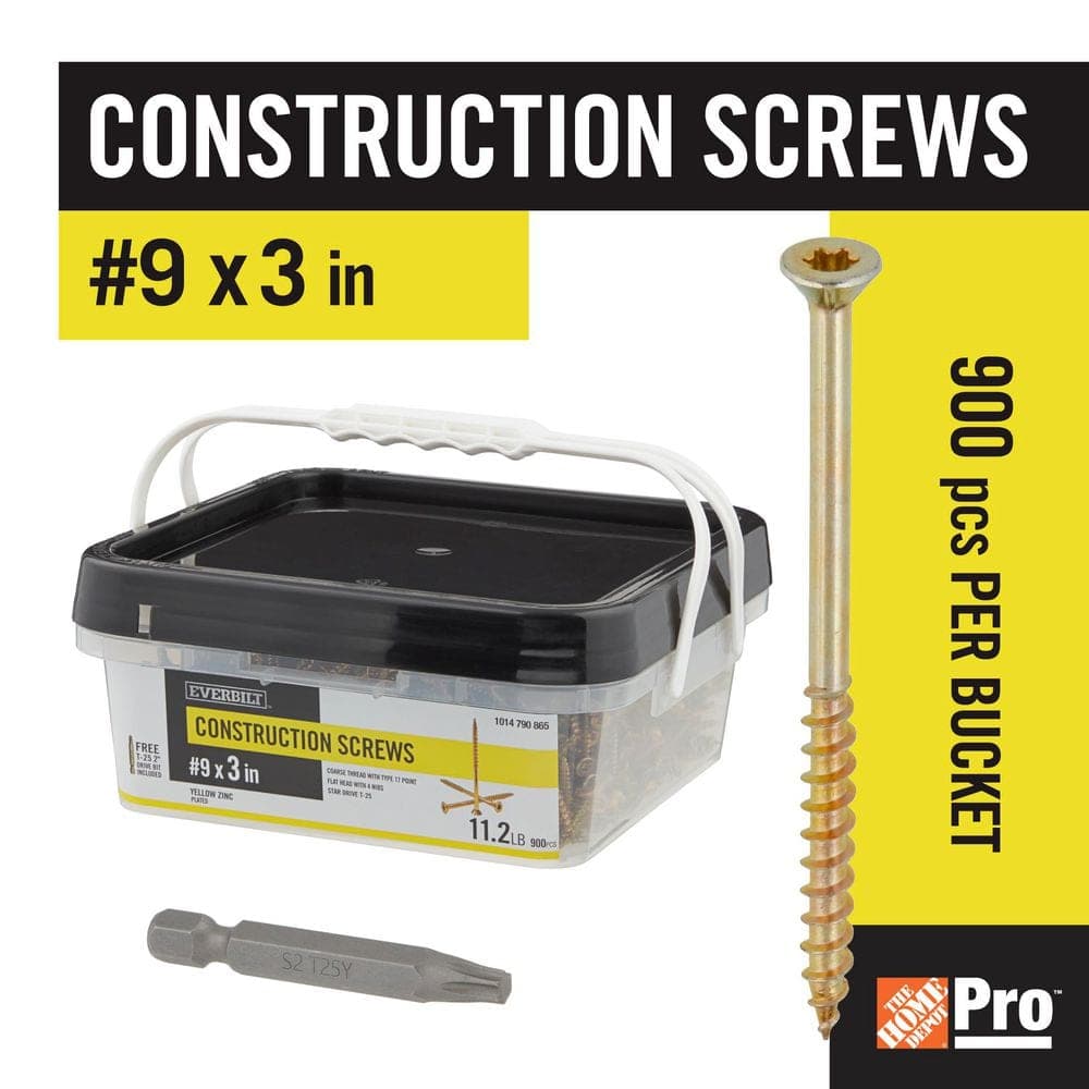 Everbilt #9 x 3 in. Yellow Zinc Star Torx Drive Flat Head Wood Construction Screw (900-Piece) (1)