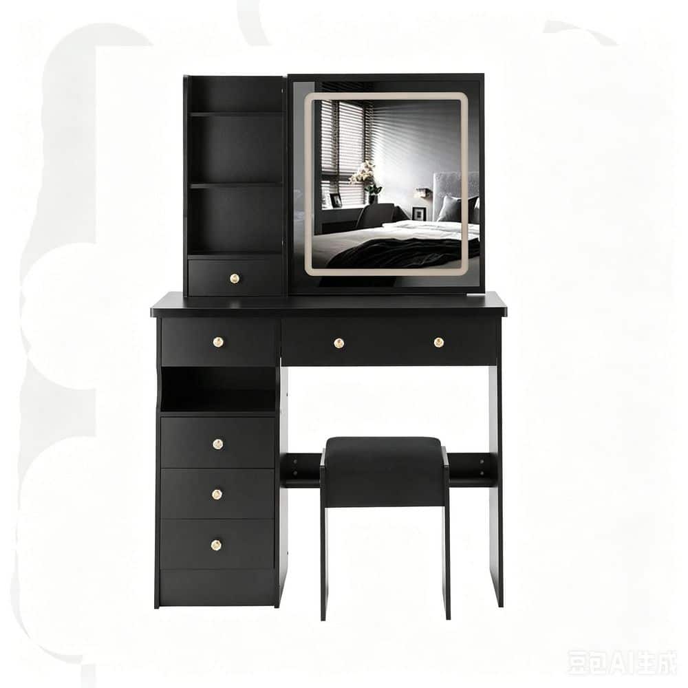 Siavonce 37 in. Left Drawer Desktop LED Vanity Organizer Table w/ Cushioned Stool 3-Color Touch Control Switching Mirror in Black (1)