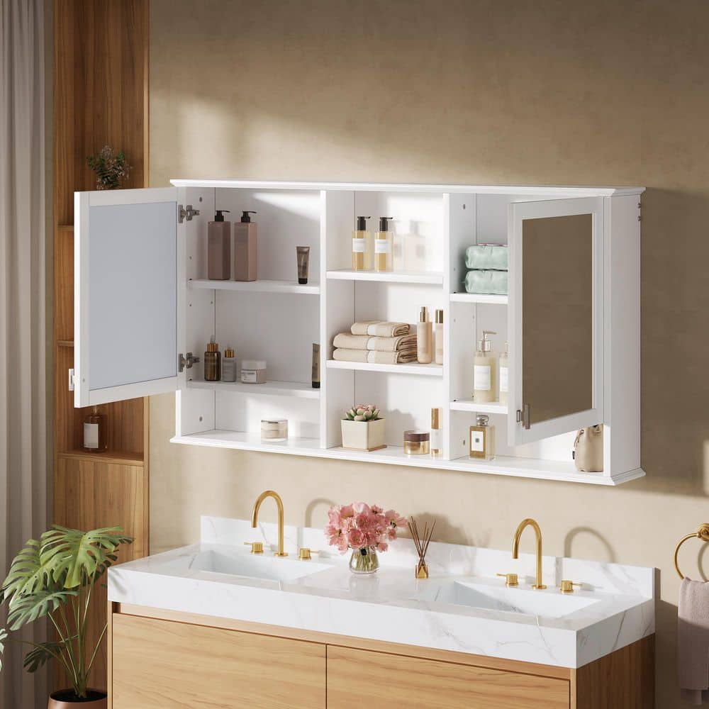 FUNKOL 55 in. W x 28.7 in. H Rectangular White Medicine Cabinet with Mirror with Adjustable Shelves and Soft-Closing Hinges (2)
