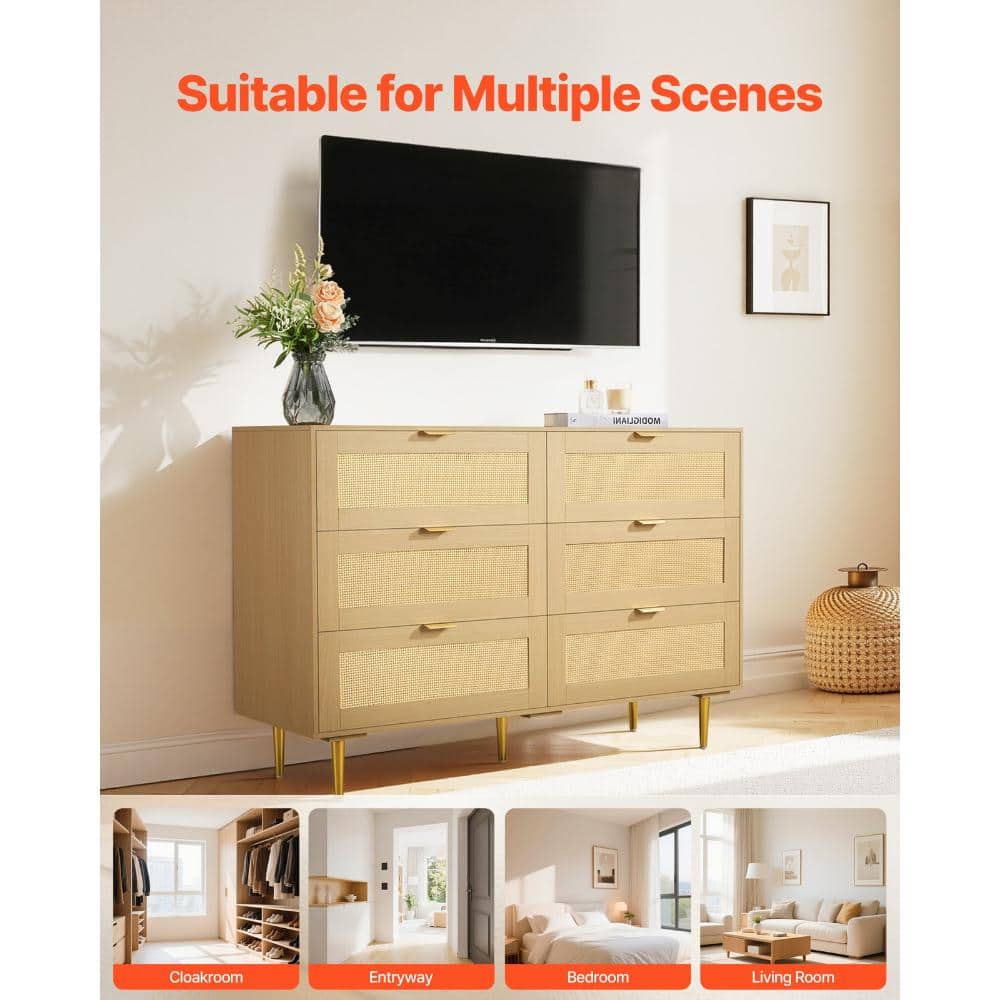 Volenca 6-Drawer Rattan Dresser, Metal Handles & Legs, Modern Wood Clothing Storage Chest for Bedroom Living Room Hallway (3)