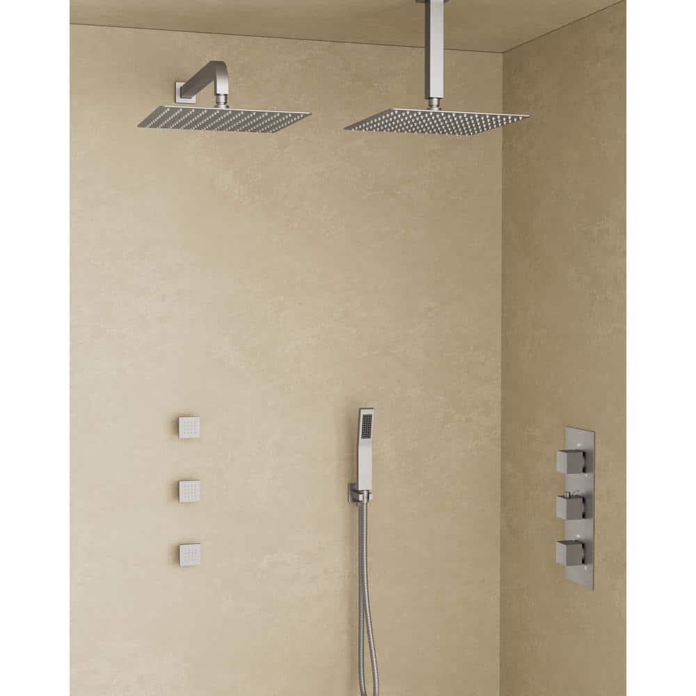 YAWWALK Thermostatic Valve 8-Spray 12 x 12 in. Wall Mount Dual Shower Head and Handheld Shower with 3-Jets in Brushed Nickel (1)