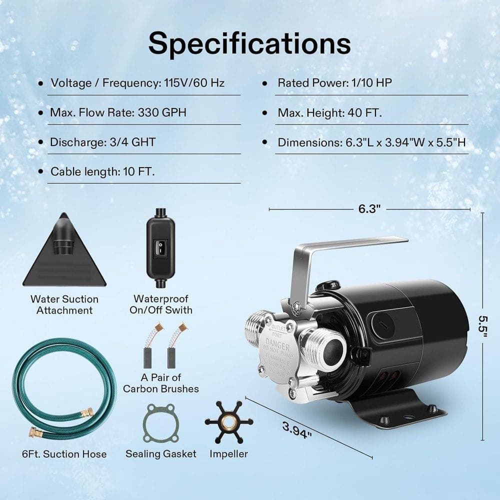 VIVOSUN 1/10HP 330 GPH 115V Electric Water Transfer Utility Pump with ON/OFF Switch and Water Hose Kit (2)