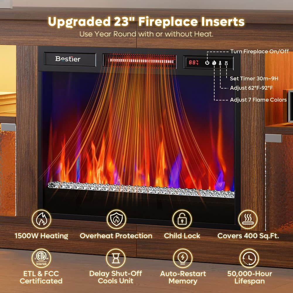 Bestier 63 in. Freestanding Media Console Electric Fireplace TV Stand Fits TV'​s Up to 70 in. with Cabinet in Walnut (2)