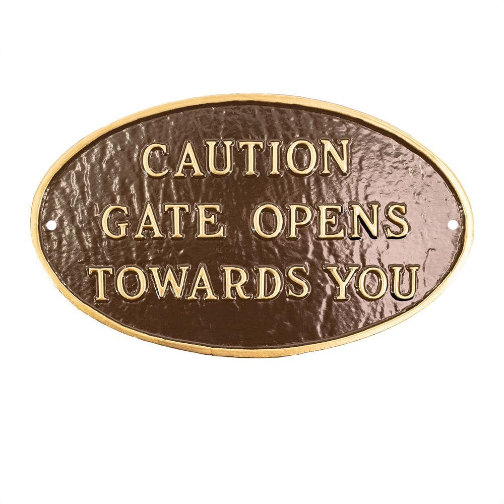 Montague Metal Products 6 in. x 10 in. Small Oval Caution Gate Opens Towards You Statement Plaque Sign - Oil Rubbed/Gold