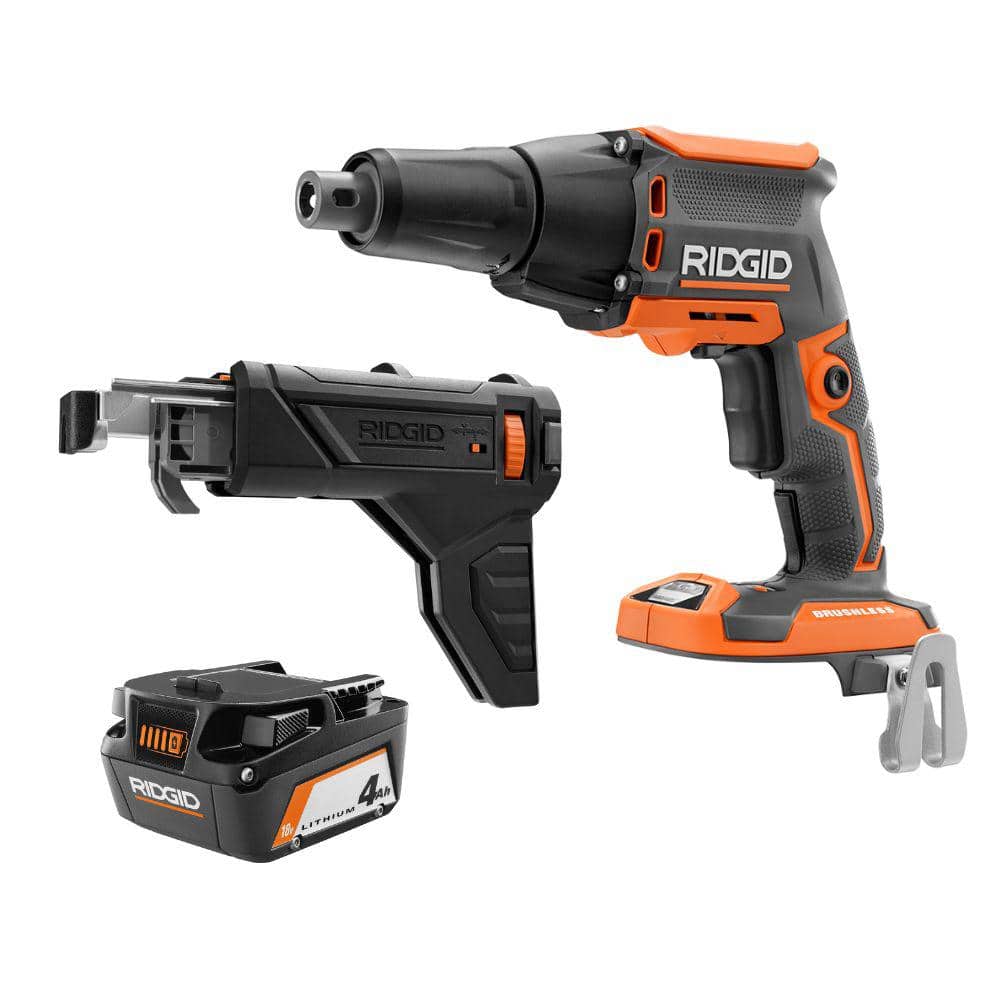 RIDGID 18V Brushless Cordless Drywall Screwdriver with Collated Attachment with 18V Lithium-Ion 4.0 Ah Battery (1)
