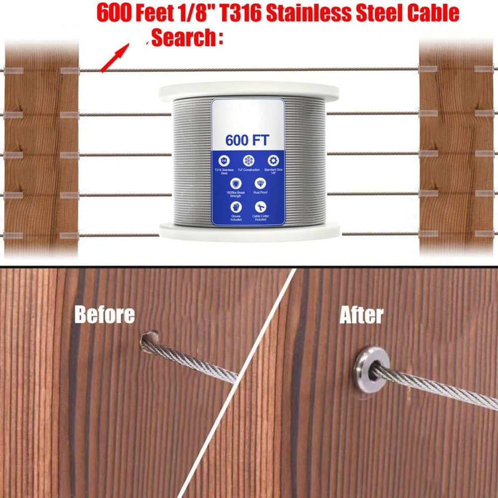 Afoxsos 4.96 in H x .25 in. W 120 Pack Stainless Steel Protector Sleeves for Cable Railing, Marine Grade Deck Railing Kit (3)